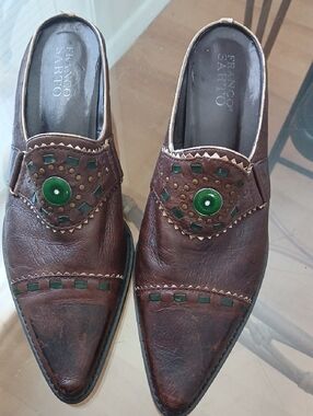 Franco Sarto Woman’s Brown Leather Slip-On Shoes with Green Accent